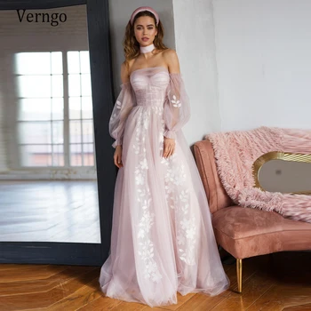 

Verngo Blush Pink Tulle Garden Country A Line Wedding Dress With Detachable Puff Long Sleeves Floral Applique 2021 Bridal Gowns