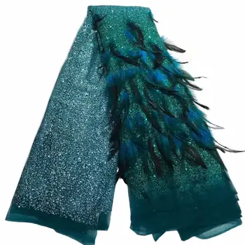 

Wholesale French fringed lace fabric with feather high quality handmade African glitter sequined fabric for royal wedding dress