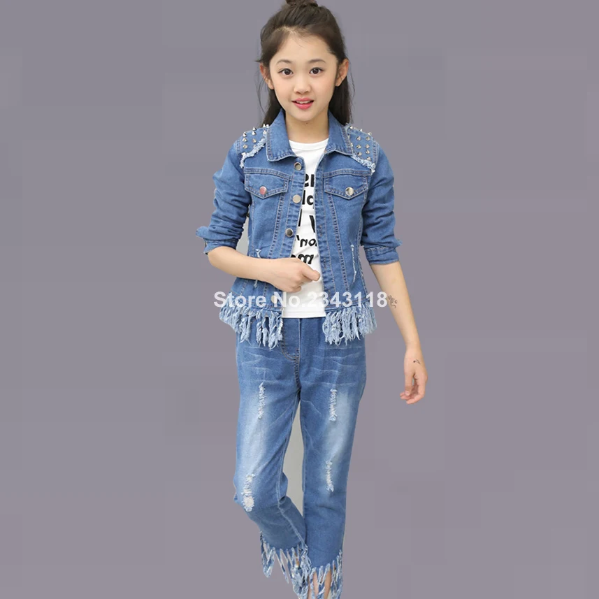 

Autumn Denim Clothing For Girls Rive Tassels Jacket+jeans Fashion Girl's Clothes Winter Teenage Clothes For Girls 6 8 12 Years