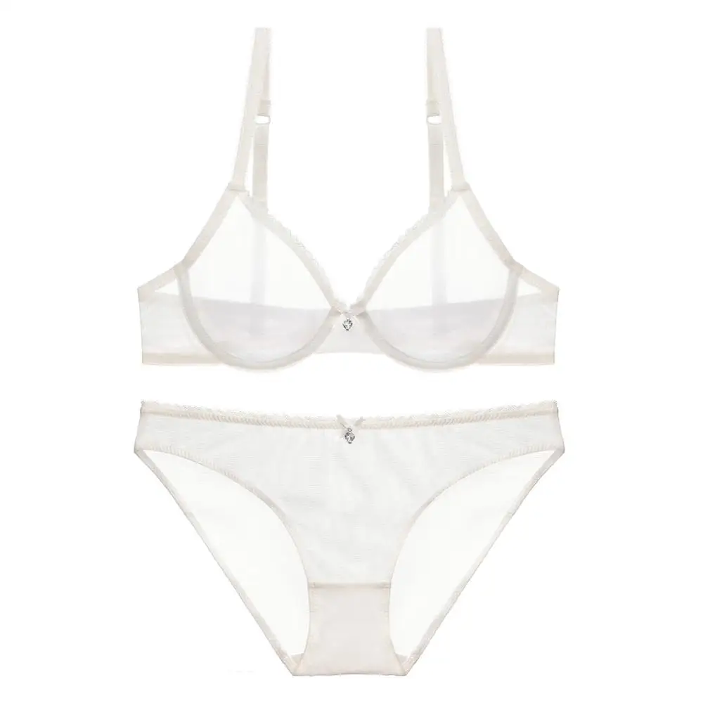 Bra Set White Женский комплект бюстгальтера размера плюс, Одноцветный, прозрачная чашка, дышащий, на косточках, пуш-ап, украшен бантом и стразы, комплект нижнего белья для женщин - Цвет: Bra Set White