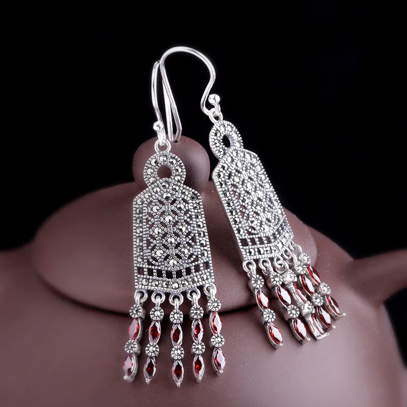 

direct selling national wind pure manual 925 sterling silver delicate tassel lady's eardrop of pomegranate red