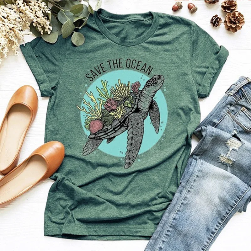 

SAVE THE OCEAN Letter Sea Turtle Growing Coral Print T shirt Women Cute Graphic Tshirts Causal Harajuku Vintage Ladies T-shirt