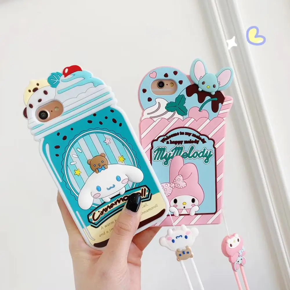 Japan 3D Cartoon Cute Ice Cream Pink Melody Yugui Dog Case For Iphone 12 11 Pro XS MAX X XR 7 8 Plus Silicone Soft Cover Lanyard