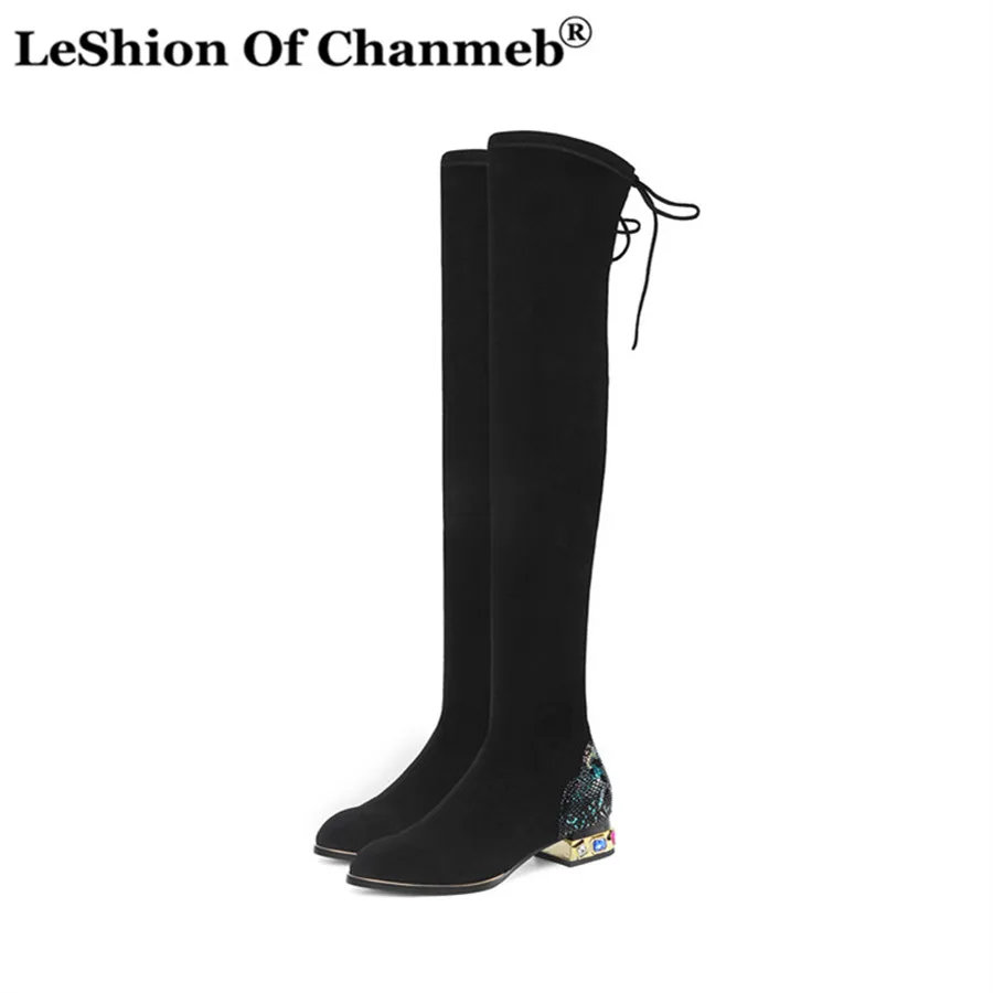 

Soft Elastic sheep suede over the knee boots Rhinestone with block hell motorcycle boots black long fall winter women boots
