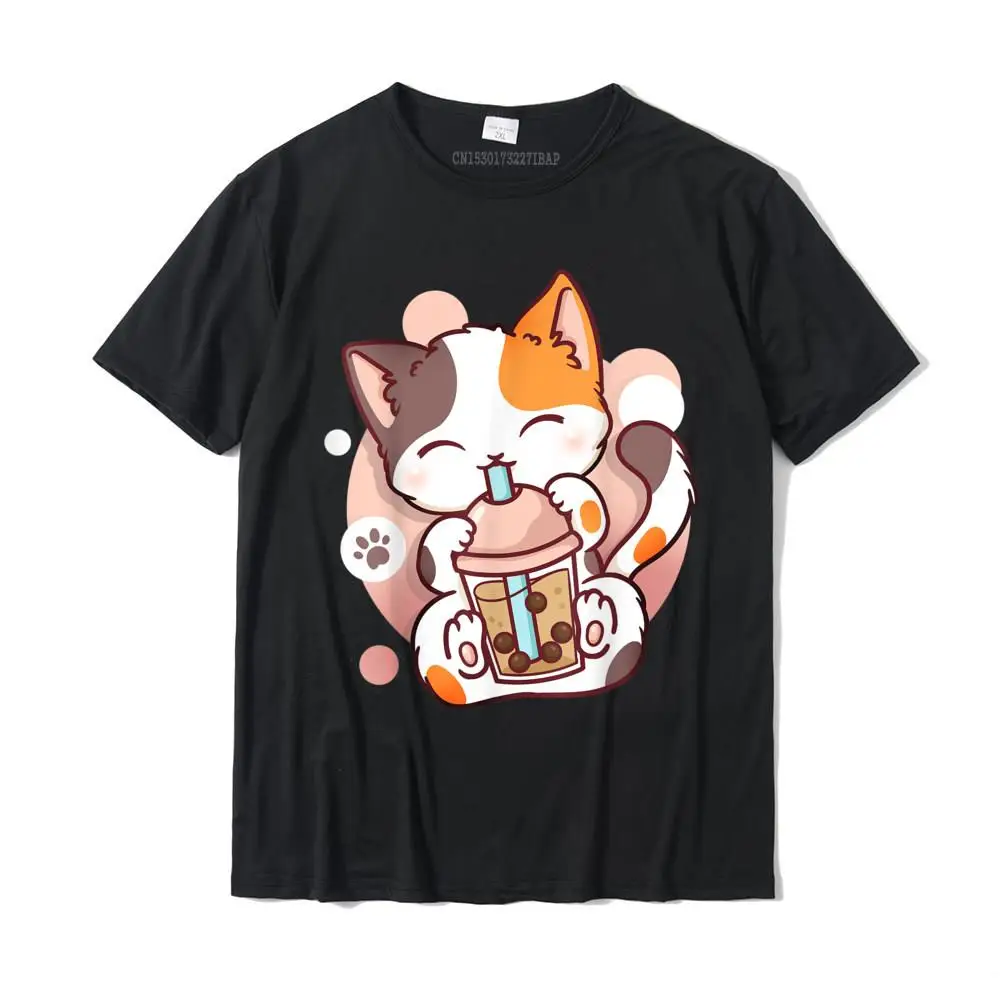 Printed On Summer Tops Shirts Short Sleeve for Men 100% Cotton Labor Day O Neck T-shirts Normal Top T-shirts Dominant Cat Boba Tea Bubble Tea Anime Kawaii Neko T-Shirt__MZ23906 black