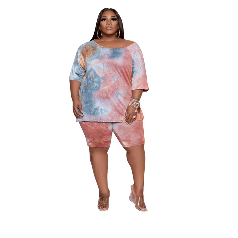 Plus Size Two Piece Set Women Wholesale Shorts Sets Tie Dye Casual