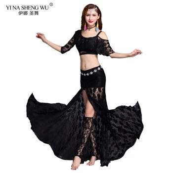 

New women lady belly dance Costume Set bellydance Practice clothes for adult lace sling slit skirt New