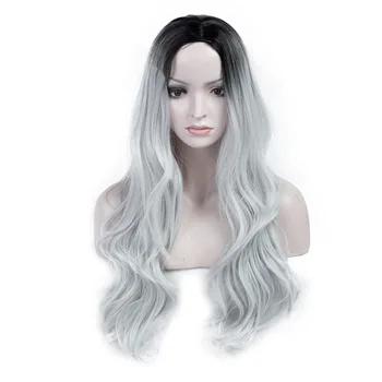 

24" Long Wave Gray Wigs for Women Natural Hairline Middle Part Synthetic Wigs for Women Halloween Cosplay Party Costume
