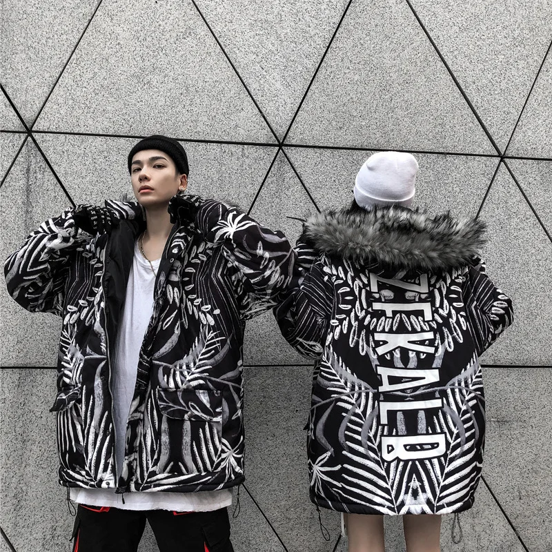 Flash Sale Hip Hop Fur Collar Parkas Men Women Streetwear Thick Winter Jacket Coats Leaf Print Loose Parka Couples Oversize US Size DG544