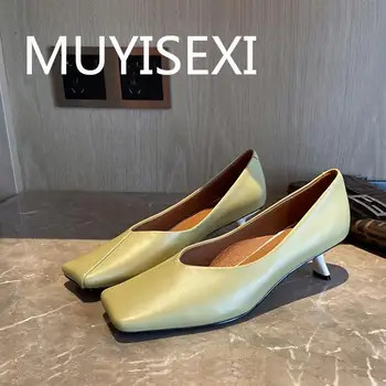 

Low heel pumps high street fashion genuine leather square toe 4.5cm heels women popular Internet star modern DMJ34 MUYISEXI