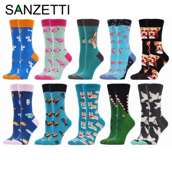 

SANZETTI 10 Pairs Women Combed Cotton Socks Crocodile Colorful Happy Animal Pattern Novelty Wedding Bright Gifts Dress Socks