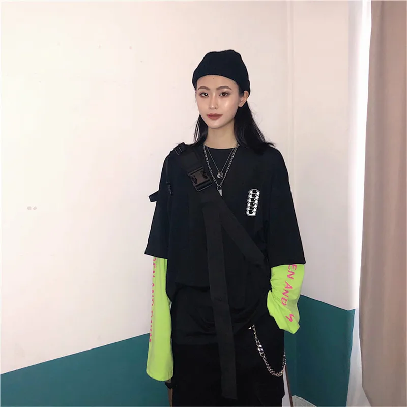 Lychee Harajuku Лоскутная Женская футболка с длинным рукавом Свободная поддельная 2 шт. Осенняя женская футболка с принтом глаз и букв женские футболки