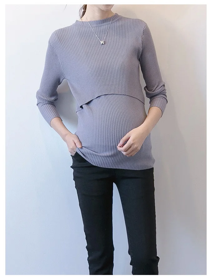 Осенне-зимняя новая одежда для беременных, тянущийся свитер с воротником-стойкой, тонкое Грудное вскармливание, свитер - Цвет: Синий