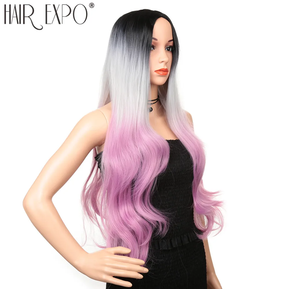 Волосы Экспо город Косплей Аниме парик синтетические волосы длинные волнистые имитация челок Омбре розовый белый цвет вечерние парики для афро женщин