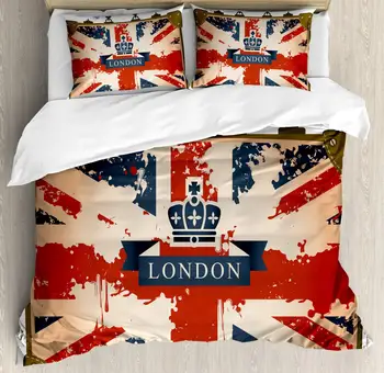 

Union Jack Duvet Cover Set Vintage Travel Suitcase with British Flag London Ribbon and Crown Image Decorative 3 Piece Bedding