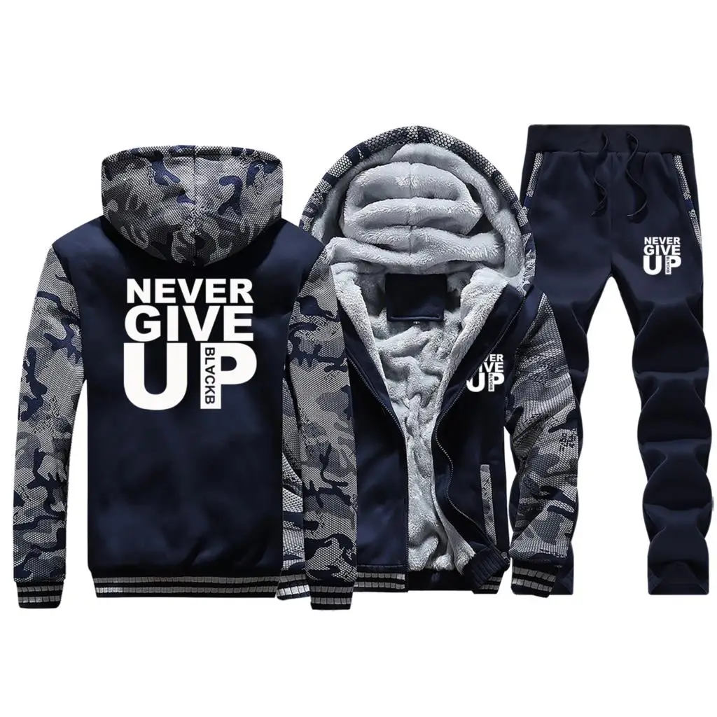 Never Give Up с принтом, зима, новинка, реглан, мужские толстовки с капюшоном, пальто в стиле хип-хоп, плотный костюм, флисовая толстовка с капюшоном+ спортивные штаны, комплект из 2 предметов - Цвет: Dark Blue 5