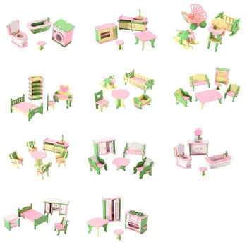 

49Pcs 11 Sets Baby Wooden Furniture Dolls House Miniature Child Play Toys Gifts