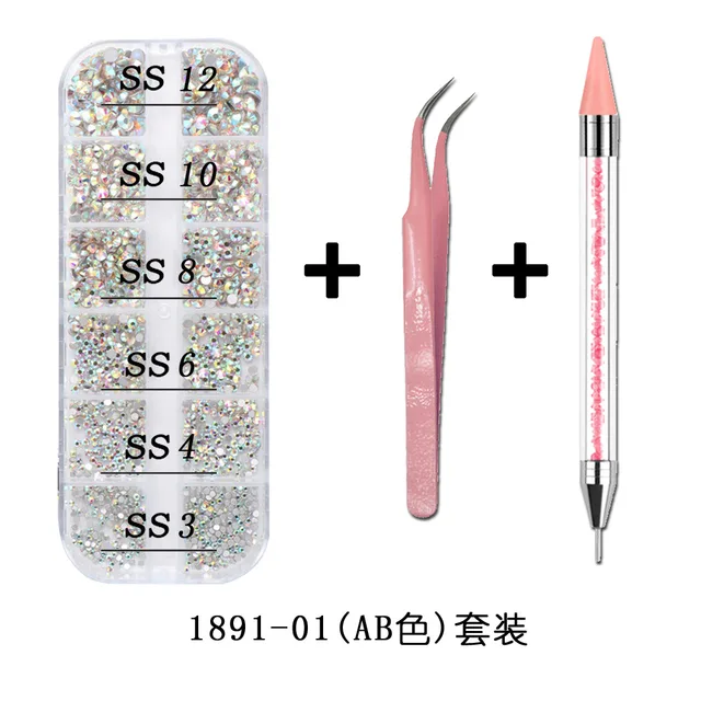 1Box Multi Size Glass Nail Rhinestones Mixed Colors Flat-back AB Crystal With tools 3D Charm Gems  Manicure Nail Art Decorations 02