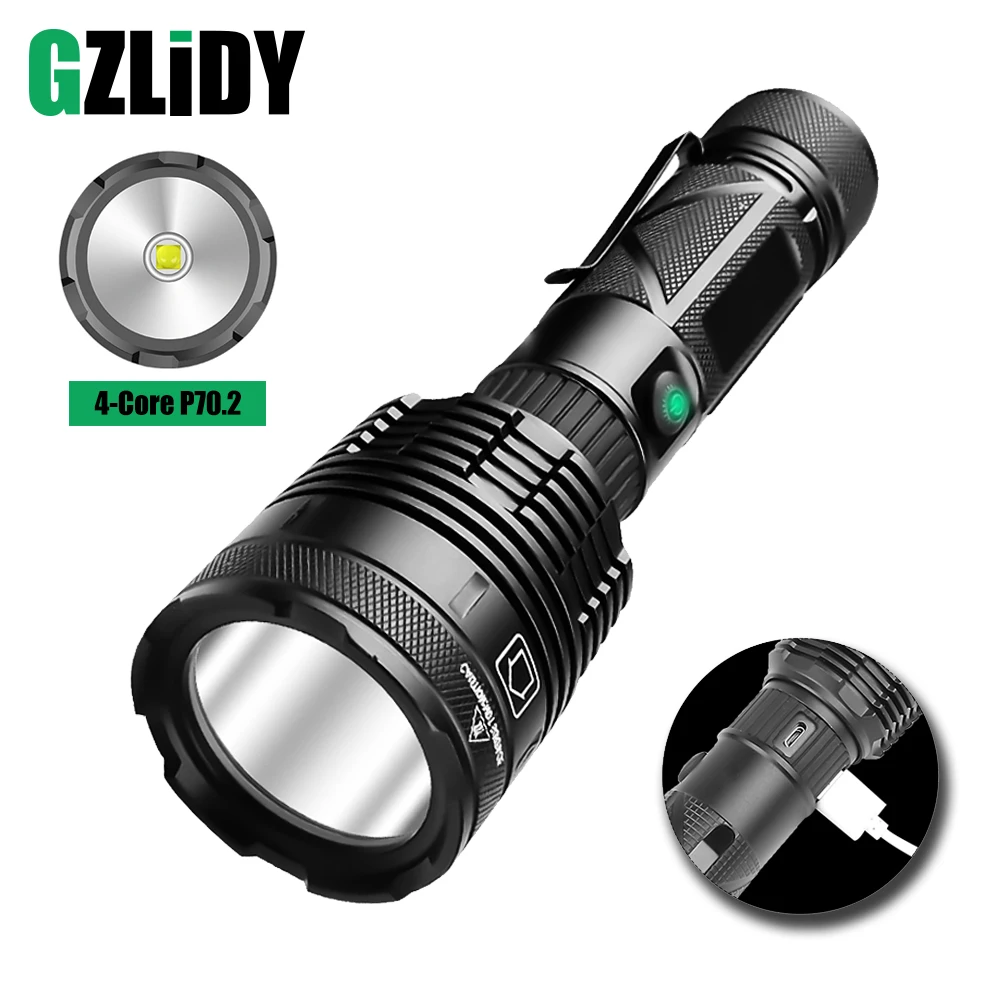 

Powerful XHP70.2 Flashlight with USB Output LED Torch Super Bright Waterproof 26650 Lantern with Tail Hammer Design Outdoor Lamp