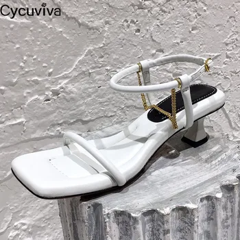 

INS Metal Chain Kitten Heel Sandals Women White Leather One Strap Summer Lady Shoes Gladiator Sandals Runway Dress Party Shoes
