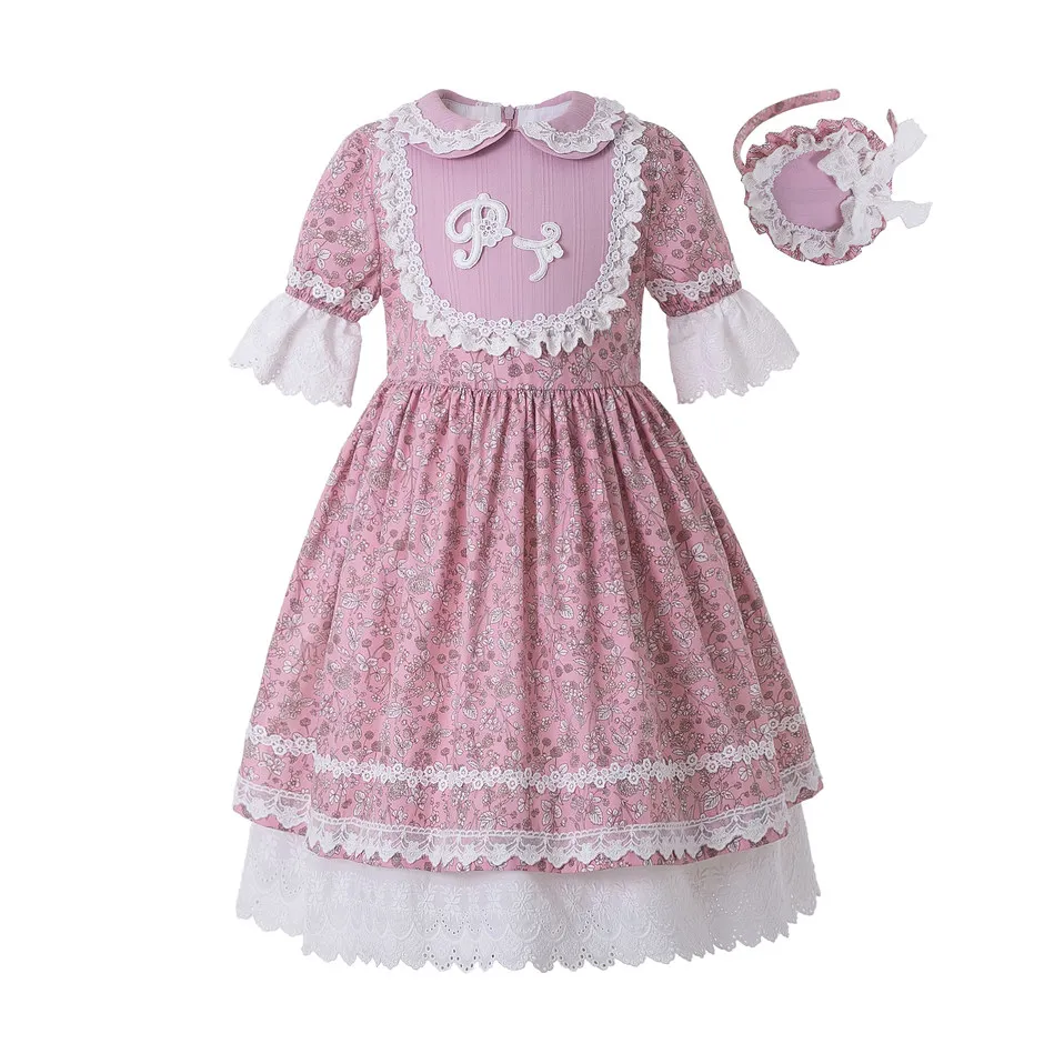 Pettigirl Summer Party Dress Doll Collar Raffle Sleeve Flower Printed Kids Boutique +Headwear G-DMGD211-284 | Детская одежда и