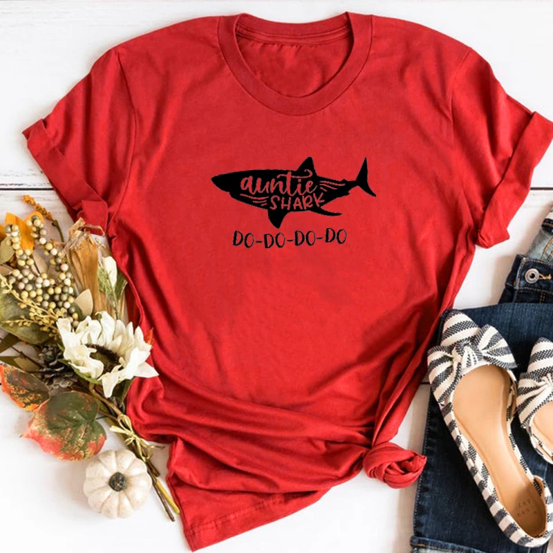 

Shark Tshirt Women Auntie Gifts Auntie Shark Shirt Womens Clothing Casual Cartoon O-Neck Tee Vintage 90s Woman