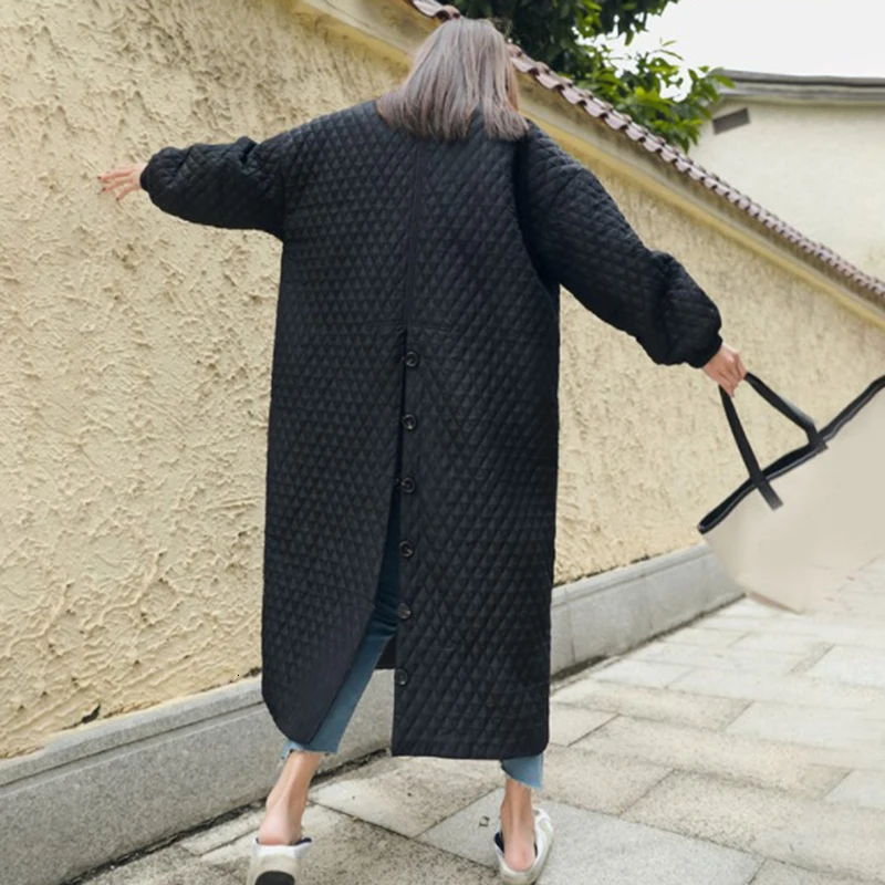 CHICEVER, корейское черное хлопковое пальто для женщин, воротник с лацканами, рукав-фонарик, большие размеры, свободные, толстые, длинные