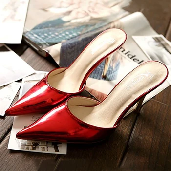 

Slippers Women Summer Shoes 9cm High Heels Mules Glossy PU Leather Fashion Slides Thin Heels Silver Slippers Sexy Ladies Shoes