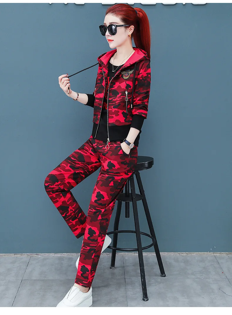 Camouflage Three Piece Set Tracksuit Women Zipper Tops+ T-shirt+ Pants Suit 3pcs Hoodies Sets Female Military Sporting Suits
