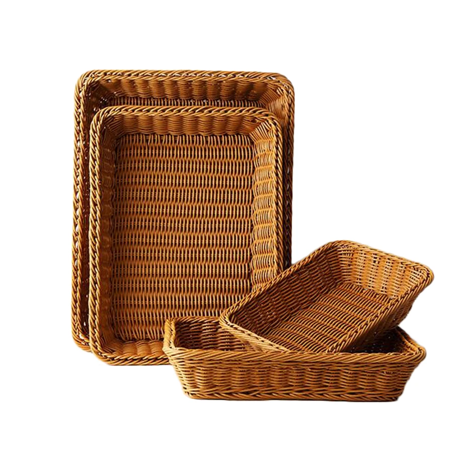 Basedidea Rectangle Bread Basket Rattan Storage Basket Food Fruit