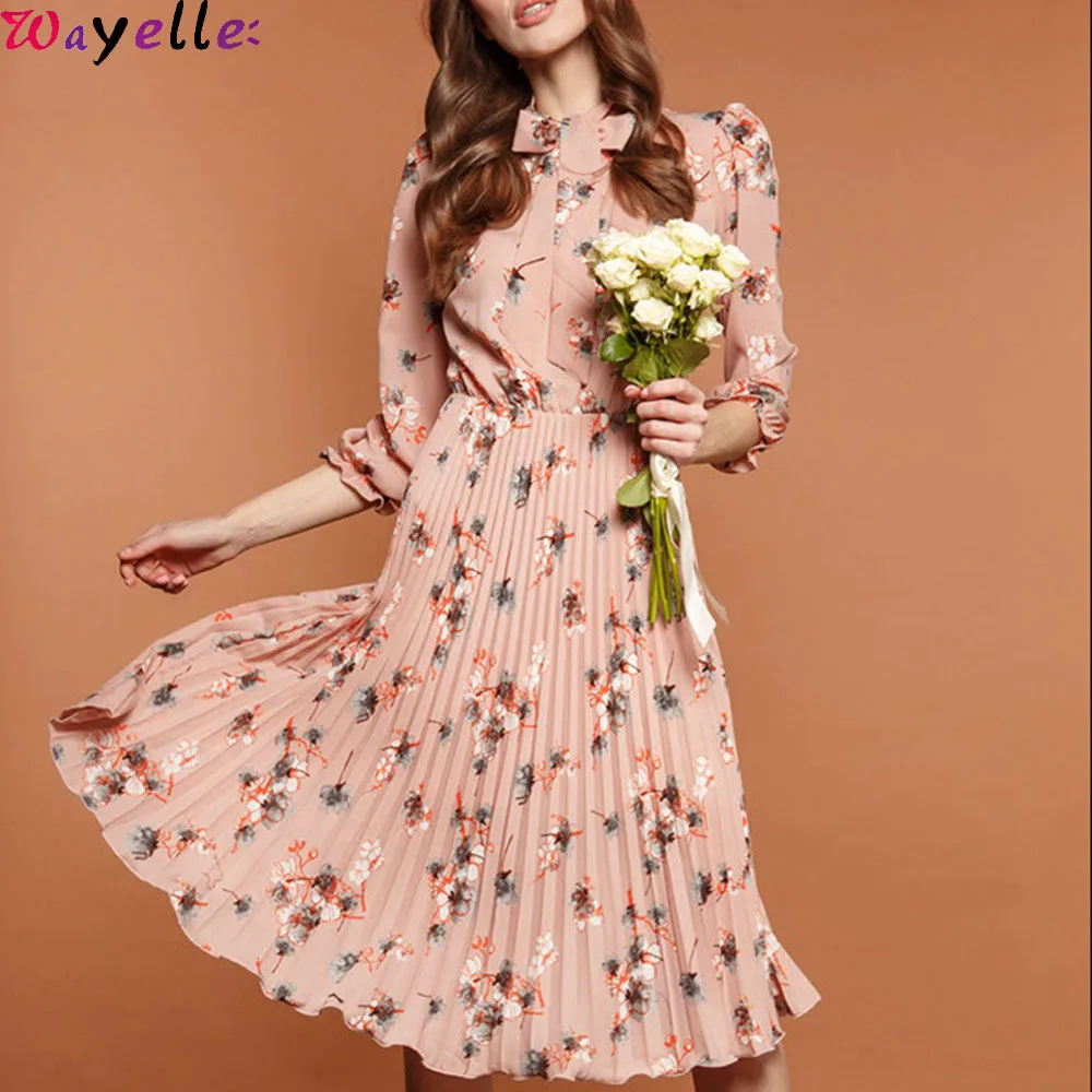 

Spring/Autumn Pleated Dress Women 2019 Korean Style Chic Vintage Three Quarter Sleeve Mid Dress Women Elegant Party/Club Dress