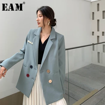 

[EAM] Women Blue Colorful Cutton Big Size Blazer New Lapel Long Sleeve Loose Fit Jacket Fashion Tide Spring Autumn 2020 1W487