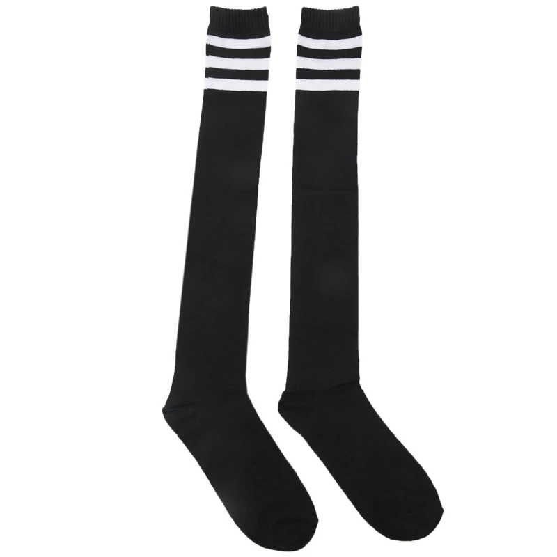 

Mens Black White Acrylic Stretchy Cuff Striped Rugby Football Soccer Socks Pair