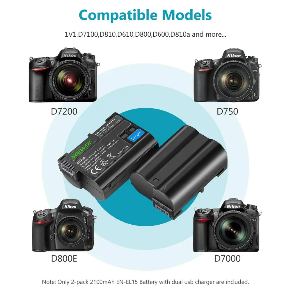 Комплект зарядного устройства Neewer для батарей Nikon d750 d7200 d7500 d850 d610 d500 EN EL15