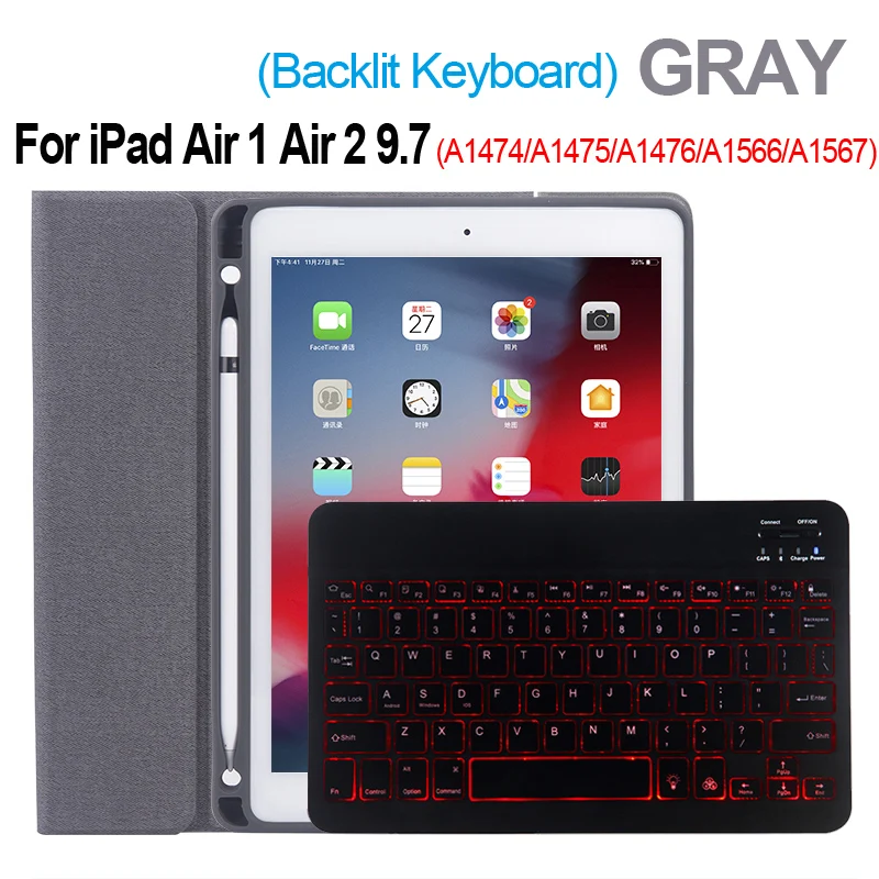 Gray Air 12 SC Верхняя откидная клавиатура с подсветкой для Apple iPad 9,7 5-го 6-го поколения, чехол с Bluetooth клавиатурой для iPad Air 1 Air 2 5 6, чехол - Цвет: Gray Air 12 SC
