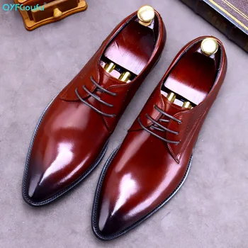 

QYFCIOUFU Brand Italian Leather Shoe Oxfords Genuine Leather Classic Lace Up Wedding Party Men Black Wine Red Dress Shoes Brogue
