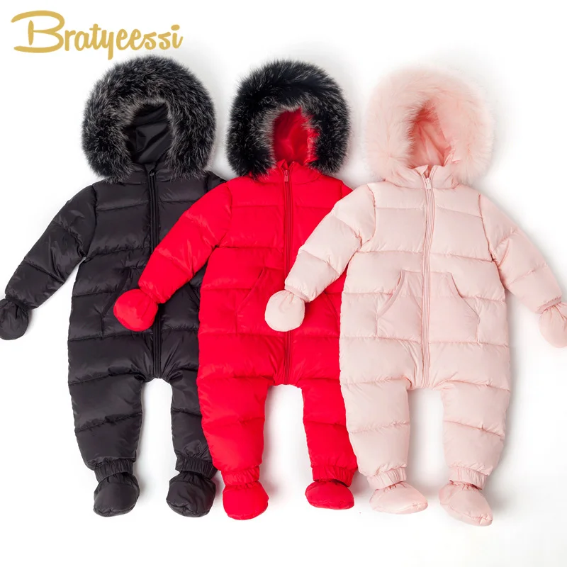 White Down Baby Boy Jumpsuit Waterproof Winter Baby Girl Clothes Thick Warm Hooded Baby Romper Outwear Toddler Onesie