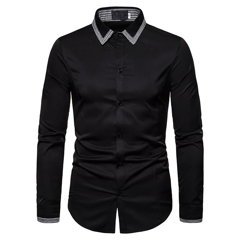 black Хаундстут дизайн воротник рубашки мужские белый и черный Новая мода Slim fit Повседневная деловая рубашка с длинными рукавами для мужчин - Цвет: black