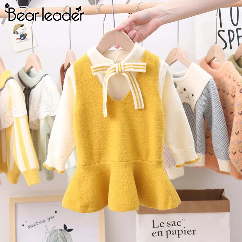 Bear leader/платья для девочек новое осенне-зимнее детское платье принцессы для девочек Мягкие вязаные наряды милый костюм с бантом флисовая одежда