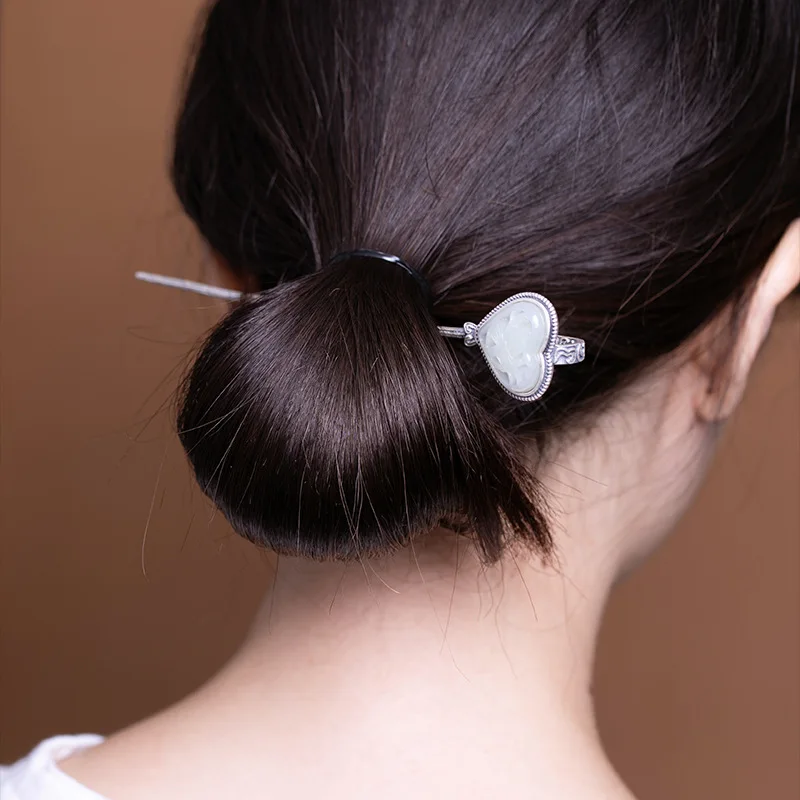 

925 Sterling Silver Chinese Hair Stick Natural Stone Heart Handmade Bridal Tiara Wedding Hair Accessories Antique Silver Jewelry