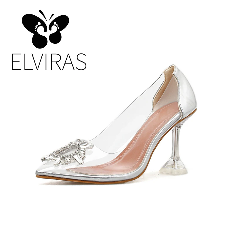 

ELVIRAS Clear PVC Crystal Shoes Transparent Pumps Rhinestone Sandals Perspex Heel Square High Heels Pointed Toe Womens Party Shoes Wedding Nightclub Party Pump