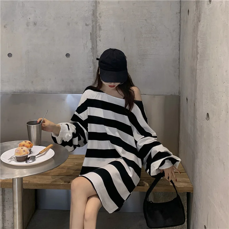 Сексуальная мода Harajuku Slash шеи полосатая футболка с длинными рукавами женская одежда лето Свободные повседневные футболки топы Camisetas Mujer