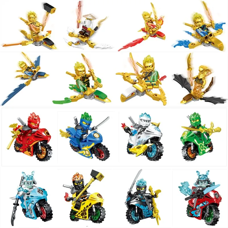 

16Figures+8Motos+8Fly dragons golden Ninja knights legoinglys ninjagoinglys Master wu Lioyd Garmadon Motorcycle Heroes