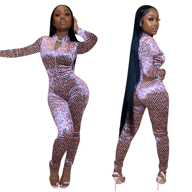 A110494 2019 casual long zipper polka dot pleuche fashion wholesale print women jumpsuits and rompers