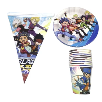 

Happy Birthday Party Beyblade Burst Plates Dishes Baby Shower Flags Cups Decorate Hanging Banner Boys Favors Tableware Set 60PCS