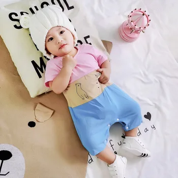 

2020 Baby Summer Pure Cotton Jumpsuit Cartoon Print Fashion Baby Boy Girls Casual Clothes Children Short Sleeved 0-2 Years Old