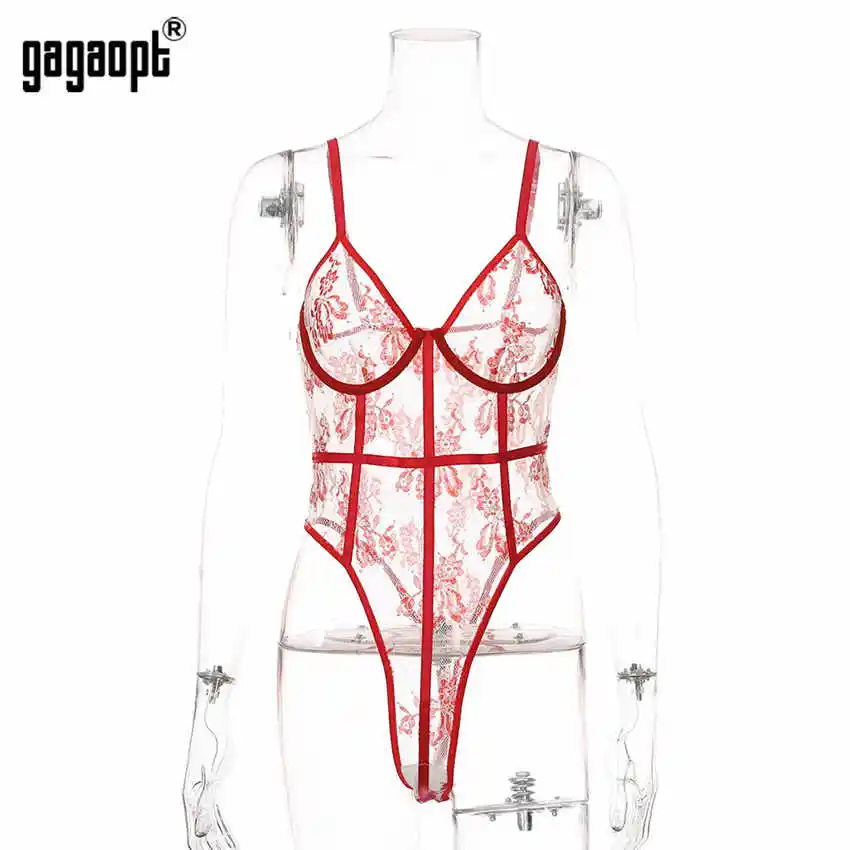 Gagaopt Embroidery Lace Floral Sheer Mesh Red Bodysuits Women Party Club Sexy Backless Teddy Striped Bodysuit Female Bodysuit corset bodysuit Bodysuits