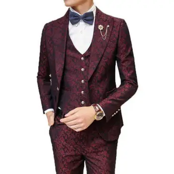 

Traje de hombre con pantalones trajes de graduación de novio de boda para hombre Jacquard Floral Borgoña ajuste 3 unids/set