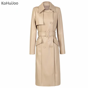

KoHuiJoo Spring Autumn Faux Leather Jackets Women Long New Fashion Turn Down Collar Double Breased Jacket Casual PU Coat Belted