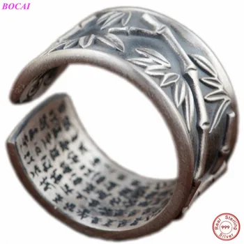 

BOCAI S999 sterling silver rings for men and women antique craft lovers with bamboo heart sutra Thai silver opening ring